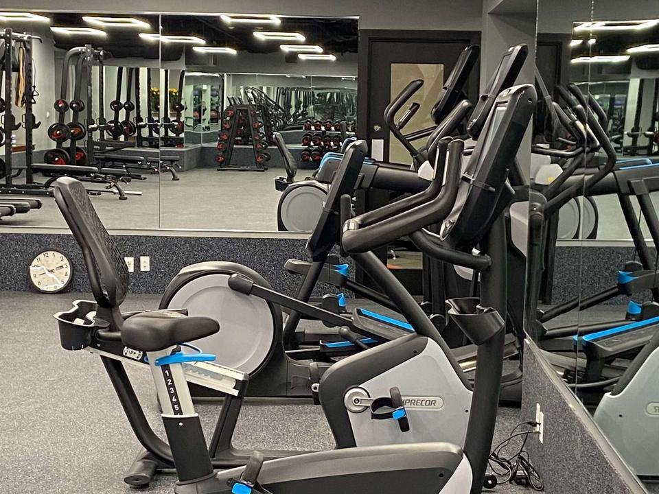 A recumbent bike and cross-trainer beside the mirrored wall